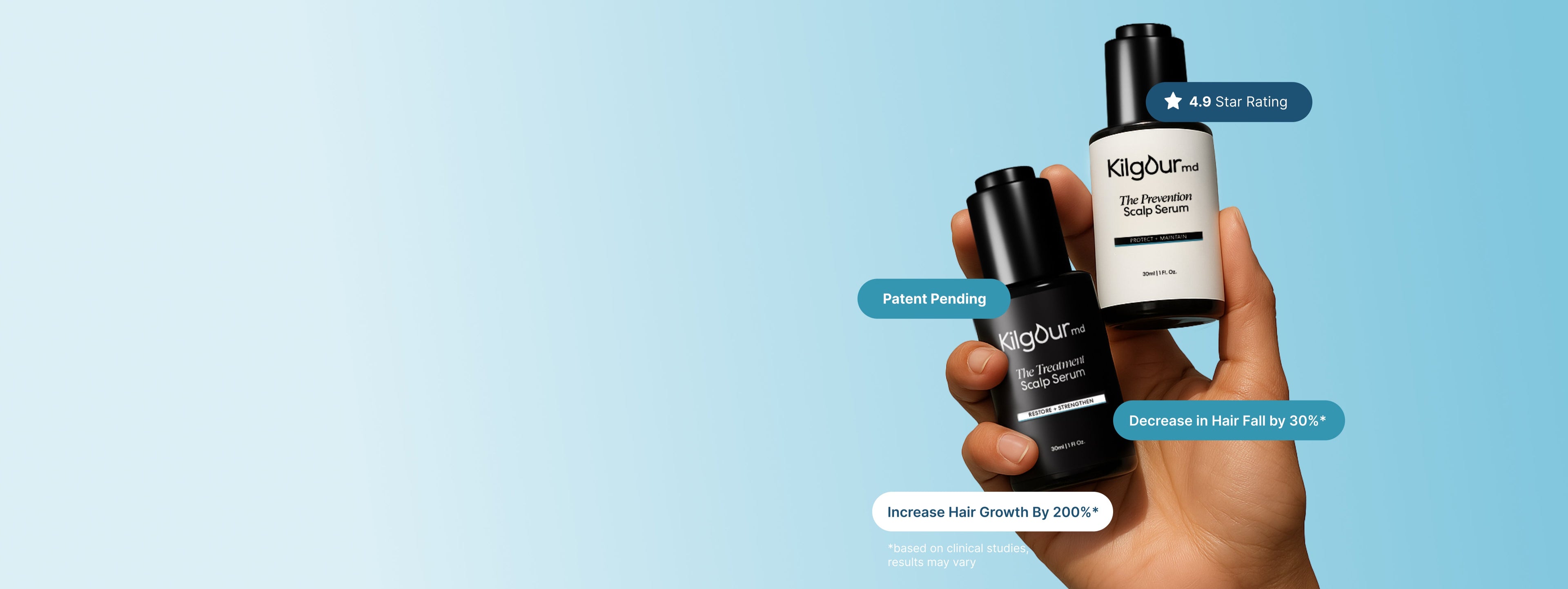 Hand holding KilgourMD hair care products with a blue background