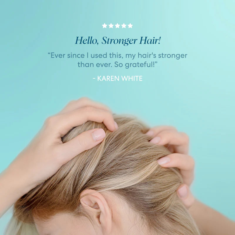 Person touching their hair with a testimonial about stronger hair on a light blue background